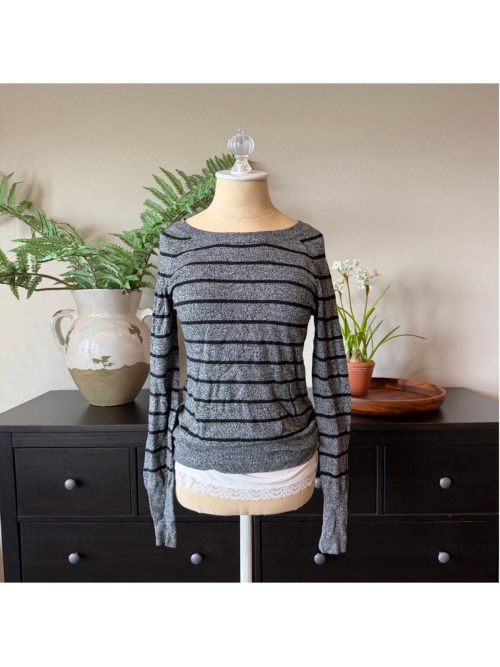 Women's Mossimo Striped Scoop Neck Sweater Grey Black Size S